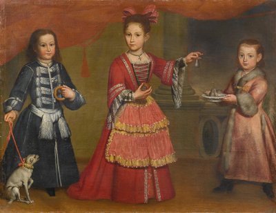 Three Children with a Puppy by Unbekannt Unbekannt